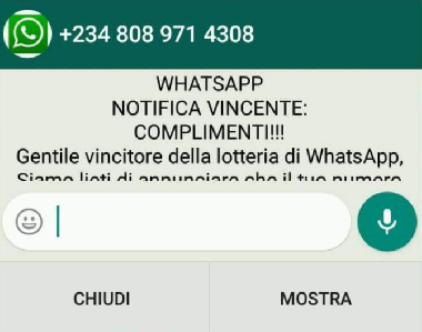 Falsa lotteria su Whatsapp, fate molta attenzione