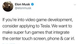 Elon Musk cerca sviluppatori di videogiochi per la Tesla tramite Twitter