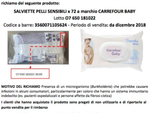 Batterio Burkholderia nelle salviettine per bambini, Carrefour dispone il ritiro