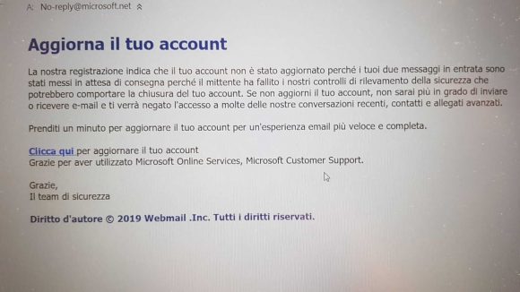 Truffa mail per aggiornamento account Microsoft, vi rubano soldi e dati personali