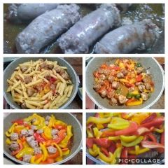 preparazione pasta con salsiccia e peperoni