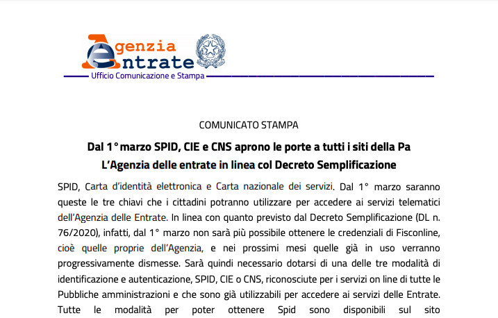 Agenzia delle Entrate e servizi Fisco: dal 1° marzo 2021 per l’area riservata SPID, Cie o Cns